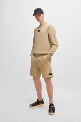 Cotton-terry relaxed-fit shorts with logo trim, Light Beige