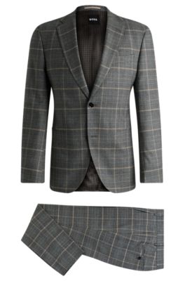 Hugo Boss Slim-fit Suit In Checked Stretch Wool In Light Grey