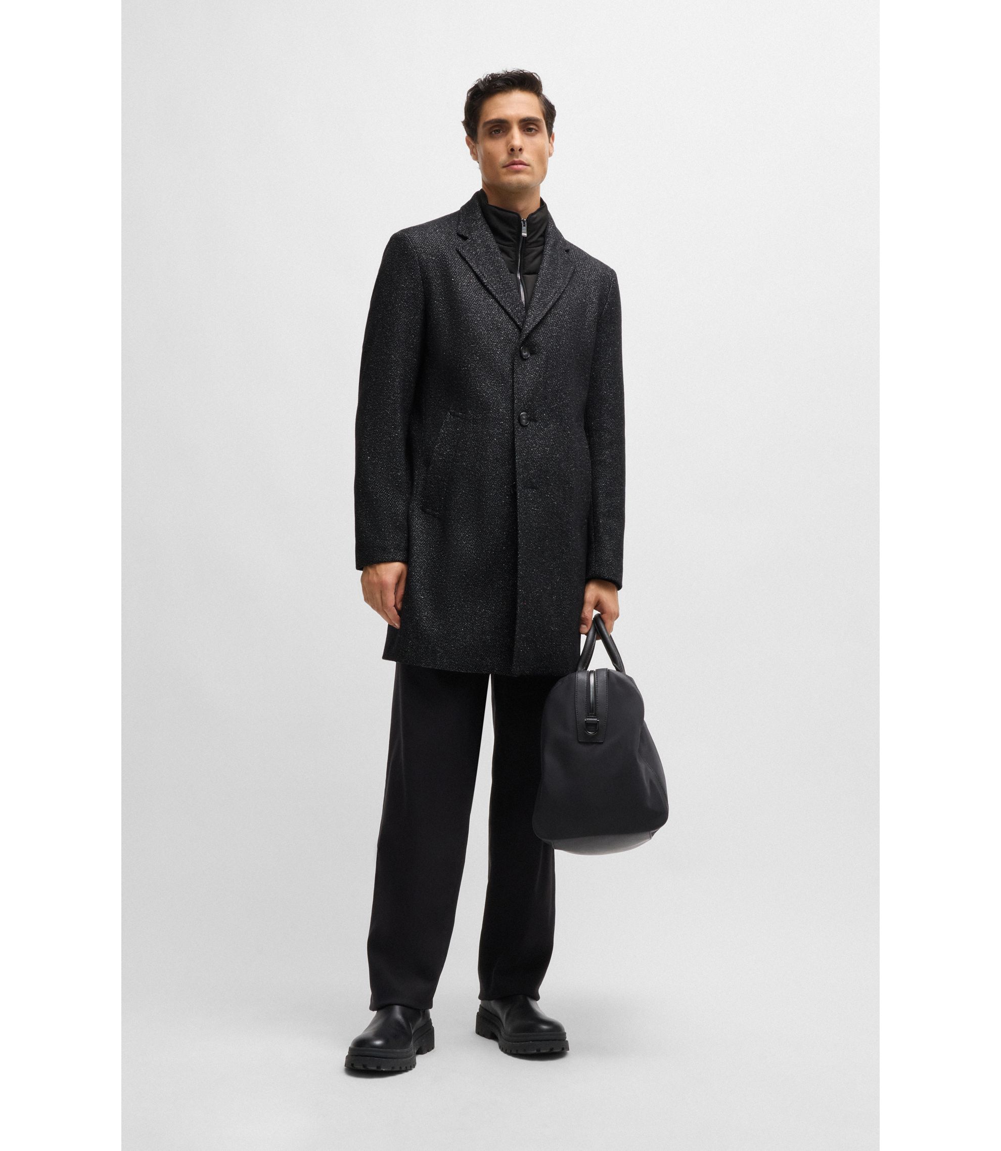 BOSS - Slim-fit coat with detachable zip-up inner - Black
