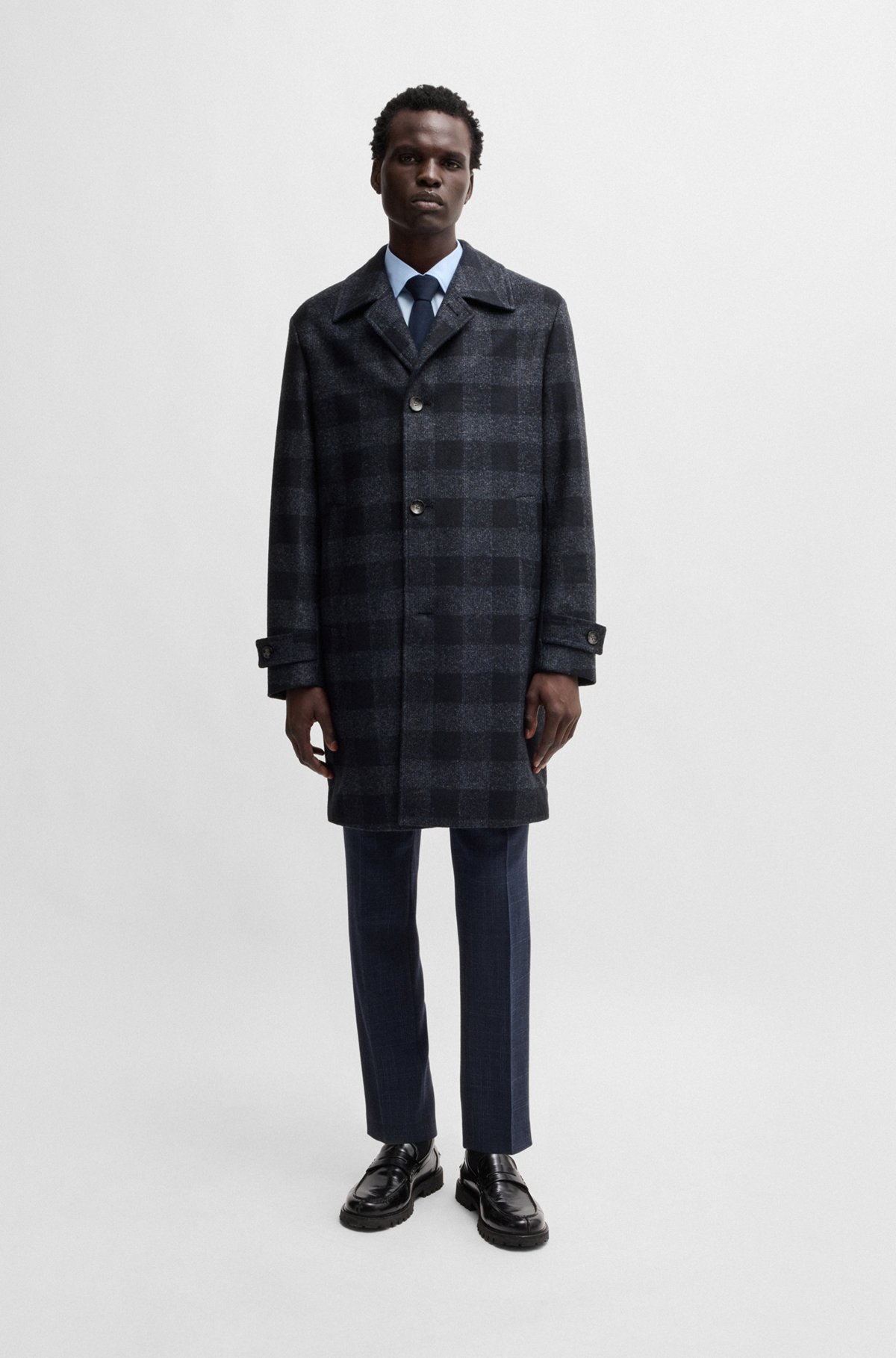 BOSS - Checked-jersey coat in a classic fit - Dark Blue BOSS - Checked-jersey coat in a classic fit - Dark Blue