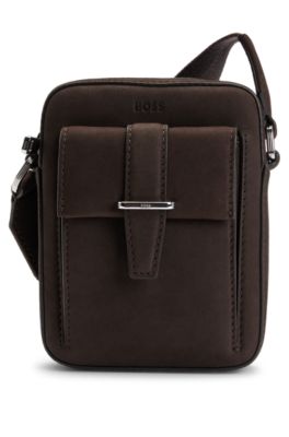 BOSS - Leather reporter bag with branded trims - Dark Brown