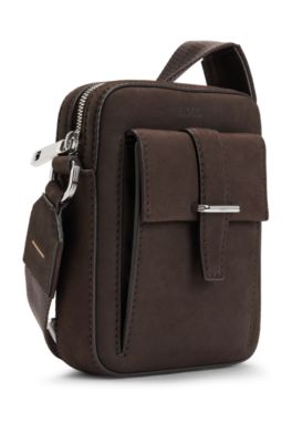 Leather reporter bag with branded trims, Dark Brown