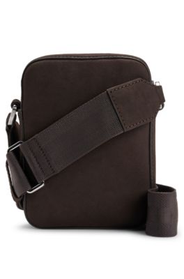 Leather reporter bag with branded trims, Dark Brown