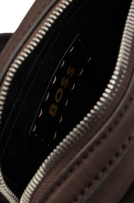 Leather reporter bag with branded trims, Dark Brown