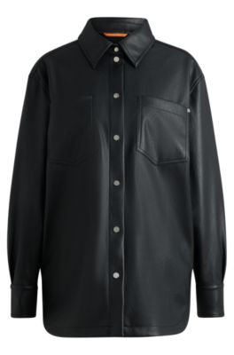 Hugo Boss Faux-leather Overshirt With Patch Pockets In Black