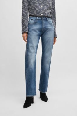 Straight-fit jeans in faded-blue comfort-stretch denim, Light Blue