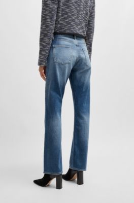 Straight-fit jeans in faded-blue comfort-stretch denim, Light Blue
