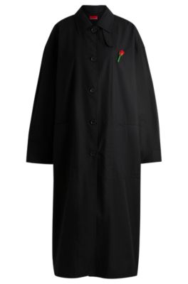 HUGO x Les Benjamins trench coat with beaded rose brooch, Black