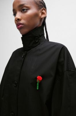 HUGO x Les Benjamins trench coat with beaded rose brooch, Black