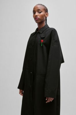 HUGO x Les Benjamins trench coat with beaded rose brooch, Black
