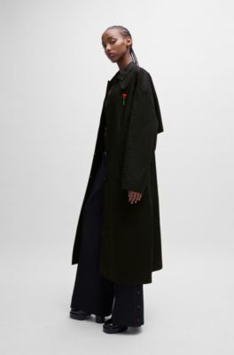 HUGO x Les Benjamins trench coat with beaded rose brooch, Black