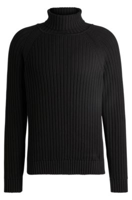 Hugo Boss Rollneck Relaxed-fit Sweater In Ribbed Cotton In Black