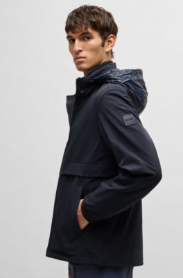 Veste en softshell et tissu stretch lavable avec capuche pliable, Bleu fonc&eacute;