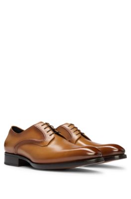 Hugo Boss Burnished-leather Derby Shoes With Piped Details In Brown