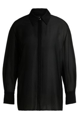 Hugo Boss Long-sleeved Blouse With Burnout Stripe In Black