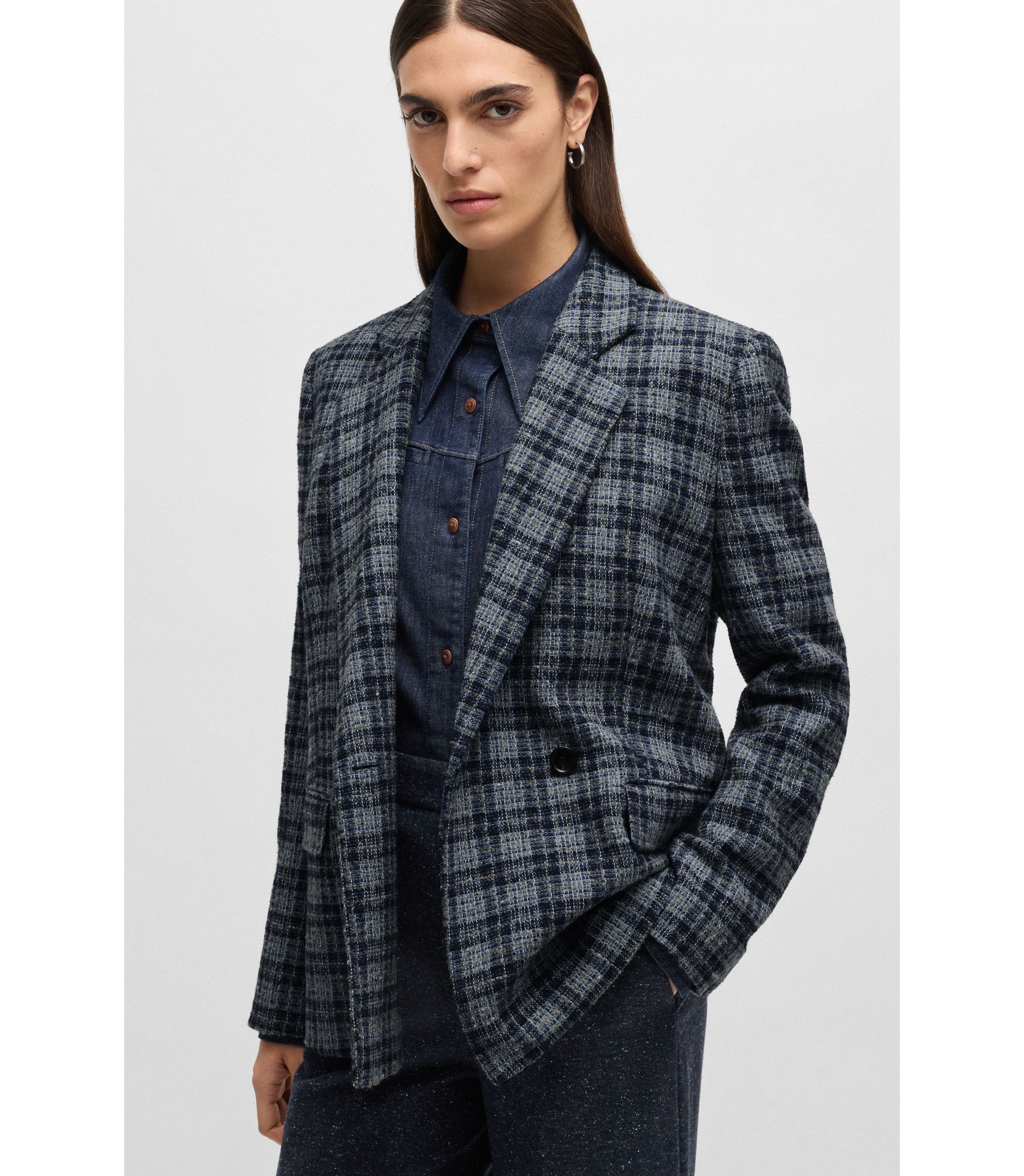 【週末SALE】BOSS チェック柄ジャケット 48 BOSS - Relaxed-fit double-breasted jacket in checked tweed - Patterned