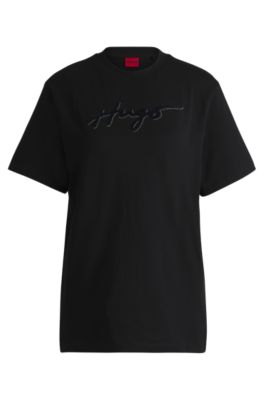 Hugo Boss Cotton T-shirt With Flock Print And Rhinestones In Black