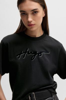 Camiseta de algod&oacute;n con estampado flocado y estr&aacute;s, Negro
