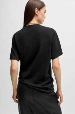 Camiseta de algod&oacute;n con estampado flocado y estr&aacute;s, Negro