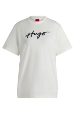 Hugo Boss Cotton T-shirt With Flock Print And Rhinestones In White