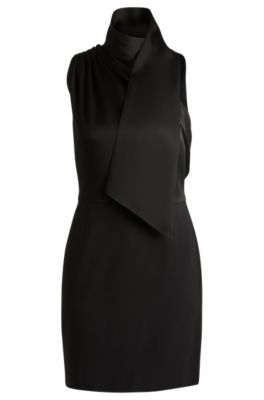 Hugo Boss Sleeveless Dress With Asymmetric V Neckline And Shawl Detail In Black