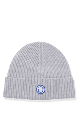 Gorro de punto en mezcla de lana con insignia de logo Happy HUGO, Gris claro