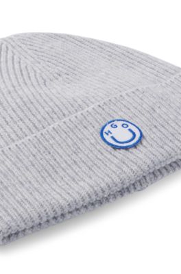 Gorro de punto en mezcla de lana con insignia de logo Happy HUGO, Gris claro