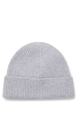 Gorro de punto en mezcla de lana con insignia de logo Happy HUGO, Gris claro
