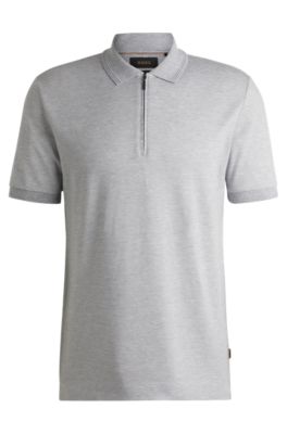 Zip-neck polo shirt in cotton and silk, Light Grey