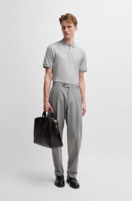 Zip-neck polo shirt in cotton and silk, Light Grey