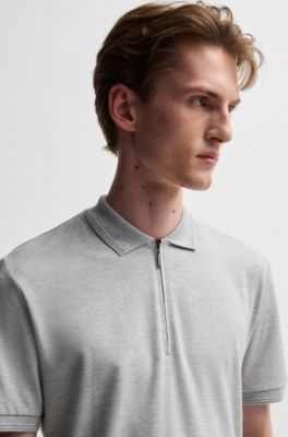 Zip-neck polo shirt in cotton and silk, Light Grey