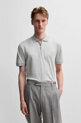 Zip-neck polo shirt in cotton and silk, Light Grey
