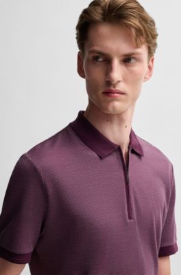Zip-neck polo shirt in cotton and silk, Dark Purple