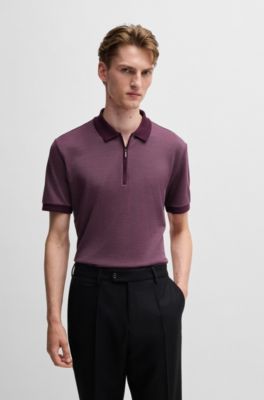 Zip-neck polo shirt in cotton and silk, Dark Purple