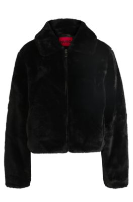 HUGO - Faux-fur jacket with faux-leather trims - Black