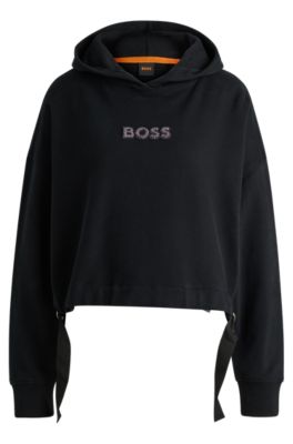 Hugo Boss Cotton-terry Hoodie With Crystal-studded Logo In Black
