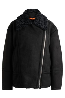 Hugo Boss Aviator-style Jacket In Faux Suede With Faux Shearling In Black