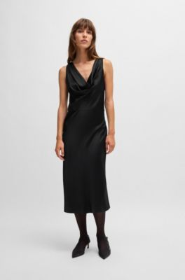 Cowl-neck dress in fluent satin with cowl neckline, Black