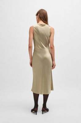 Cowl-neck dress in fluent satin with cowl neckline, Light Beige