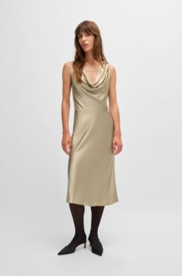 Cowl-neck dress in fluent satin with cowl neckline, Light Beige