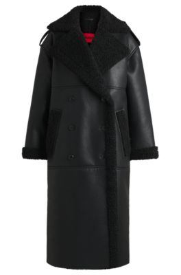 Hugo Boss Oversize-fit Faux-leather Coat With Faux-fur Trims In Black
