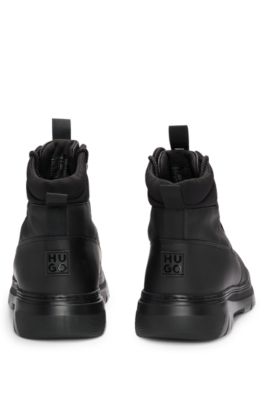 Leather boots with textile trims and hiking-style laces, Black