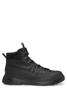 Leather boots with textile trims and hiking-style laces, Black