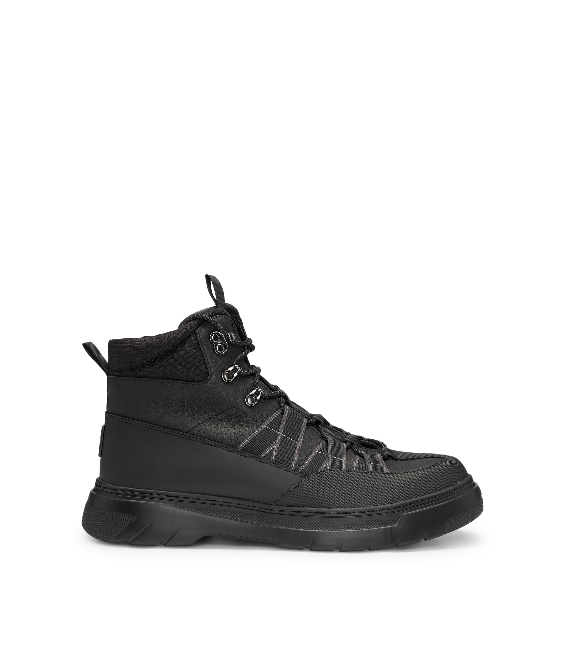 HUGO Leather boots with textile trims and hiking-style laces Black