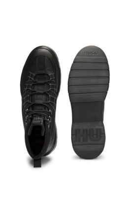 Leather boots with textile trims and hiking-style laces, Black