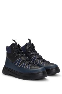 Leather boots with textile trims and hiking-style laces, Light Blue