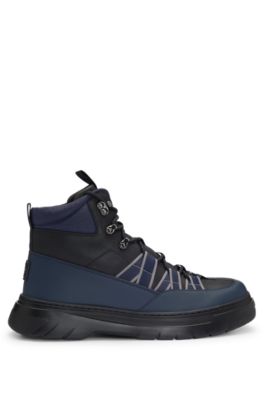 Leather boots with textile trims and hiking-style laces, Light Blue
