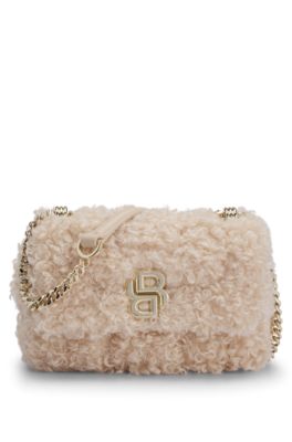 Hugo Boss Faux-teddy Shoulder Bag With Double B Monogram In Light Beige
