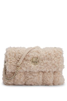 Hugo Boss Faux-teddy Shoulder Bag With Double B Monogram In Light Beige