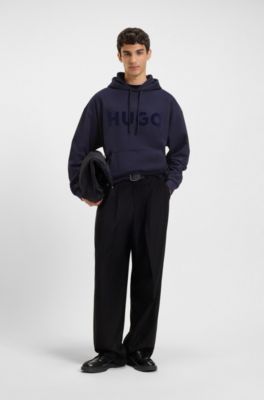 Tonal-logo hoodie in cotton terry, Dark Blue